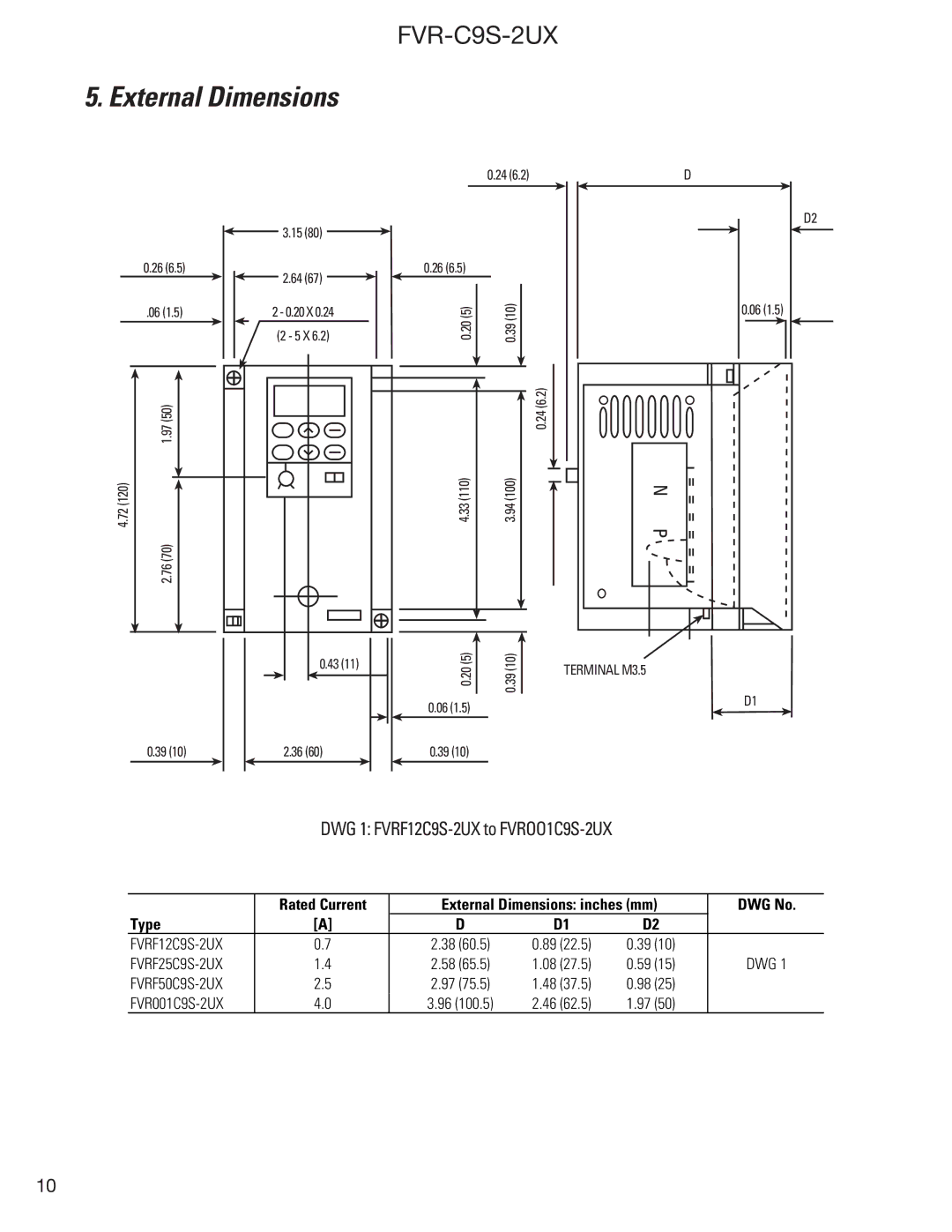 GE FVR-C9S-2UX Drive Series instruction manual External Dimensions, DWG 1 FVRF12C9S-2UX to FVROO1C9S-2UX 