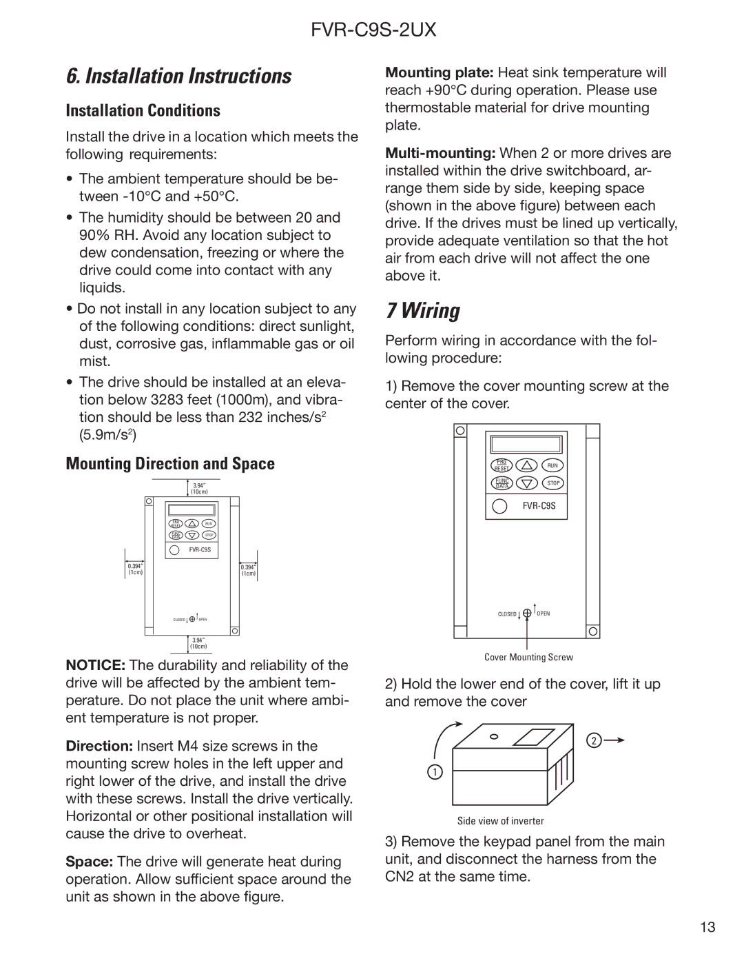 GE FVR-C9S-2UX Drive Series Installation Instructions, Wiring, Installation Conditions, Mounting Direction and Space 