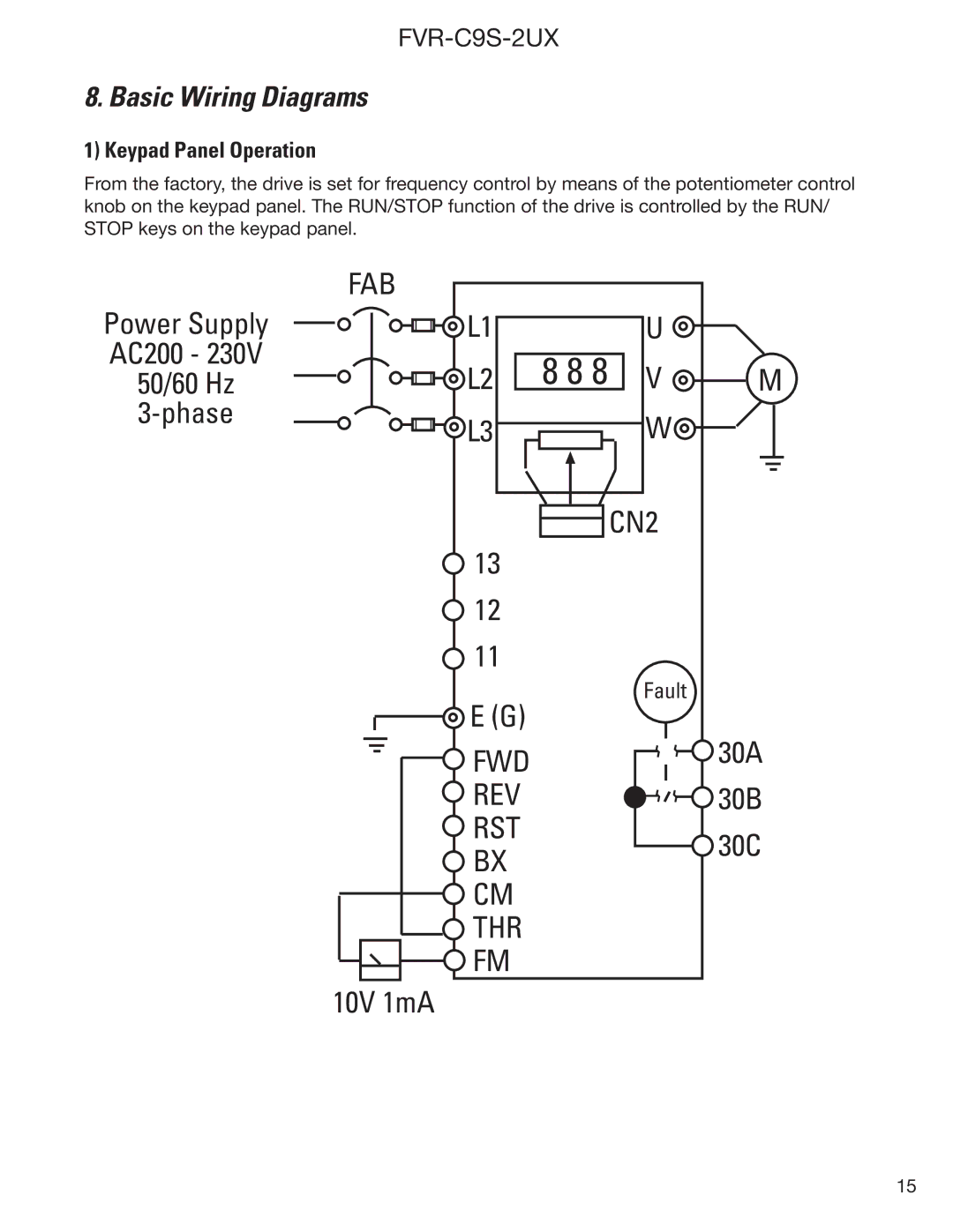 GE FVR-C9S-2UX Drive Series instruction manual Basic Wiring Diagrams, 30C, Keypad Panel Operation 