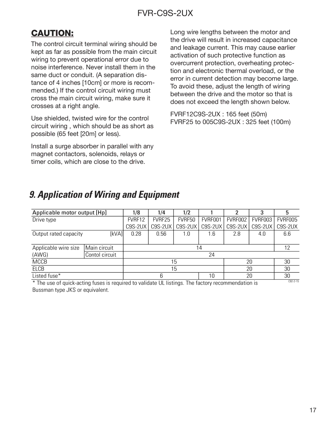 GE FVR-C9S-2UX Drive Series instruction manual Application of Wiring and Equipment, Applicable motor output Hp Drive type 