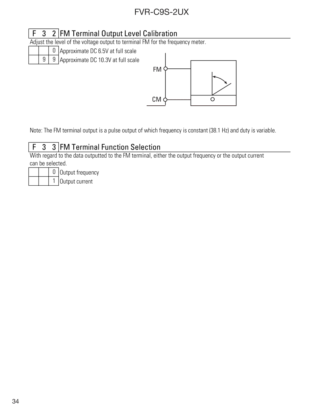 GE FVR-C9S-2UX Drive Series instruction manual FM Terminal Output Level Calibration, FM Terminal Function Selection 