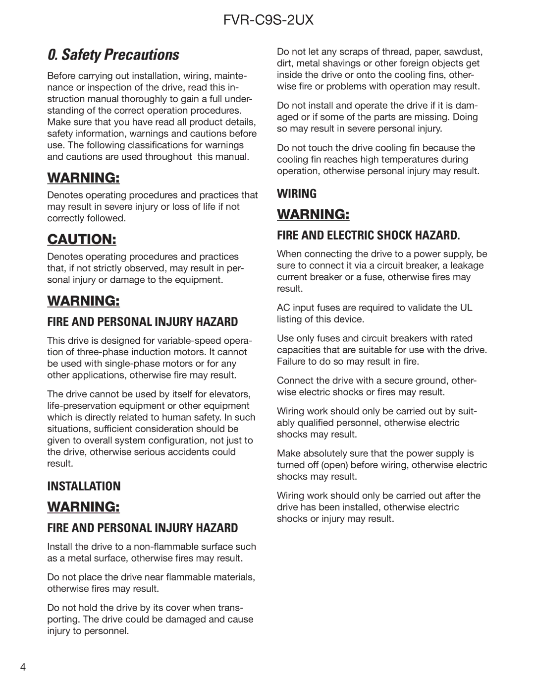 GE FVR-C9S-2UX Drive Series instruction manual Safety Precautions, Wiring Fire and Electric Shock Hazard 