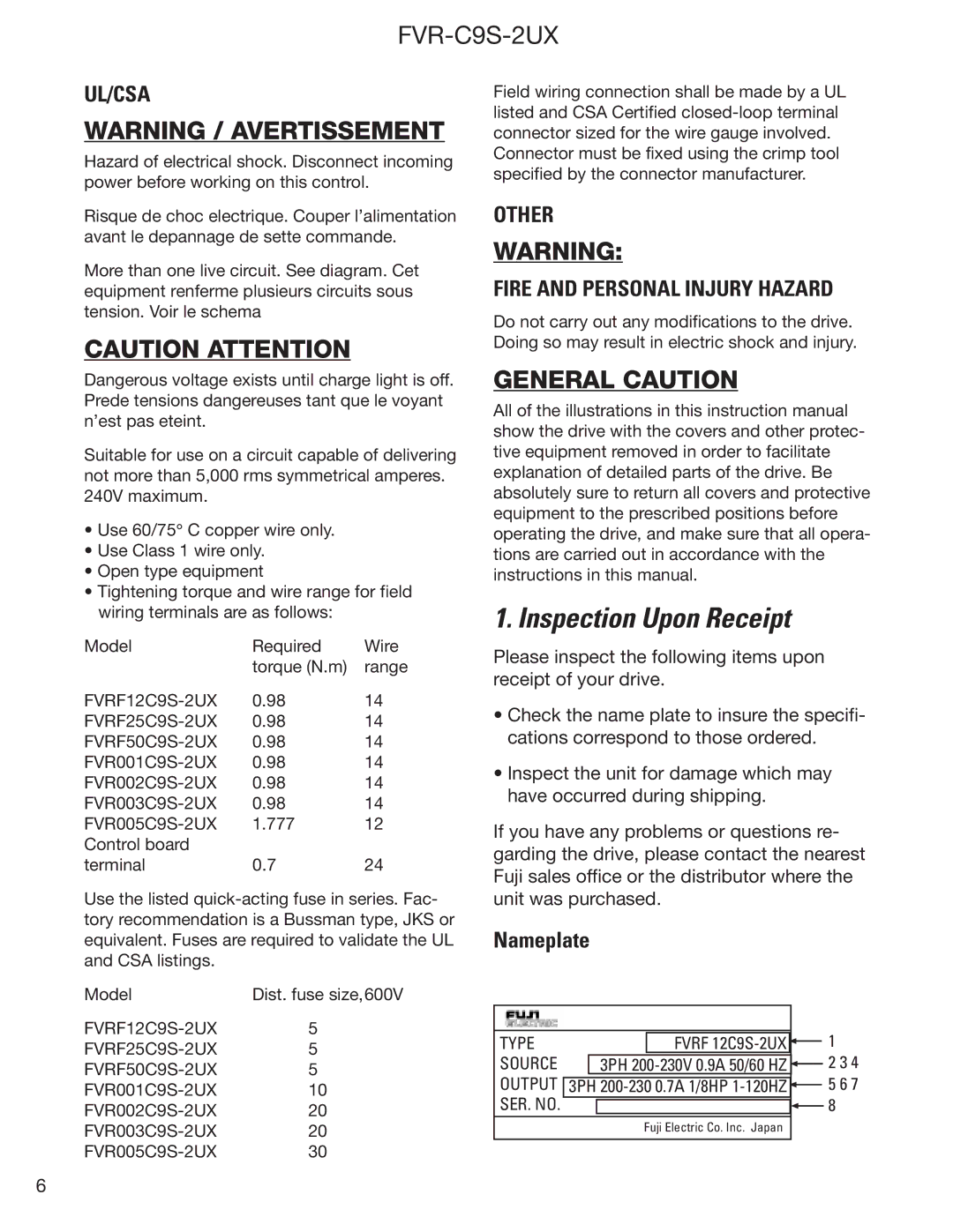 GE FVR-C9S-2UX Drive Series instruction manual Inspection Upon Receipt, Nameplate 