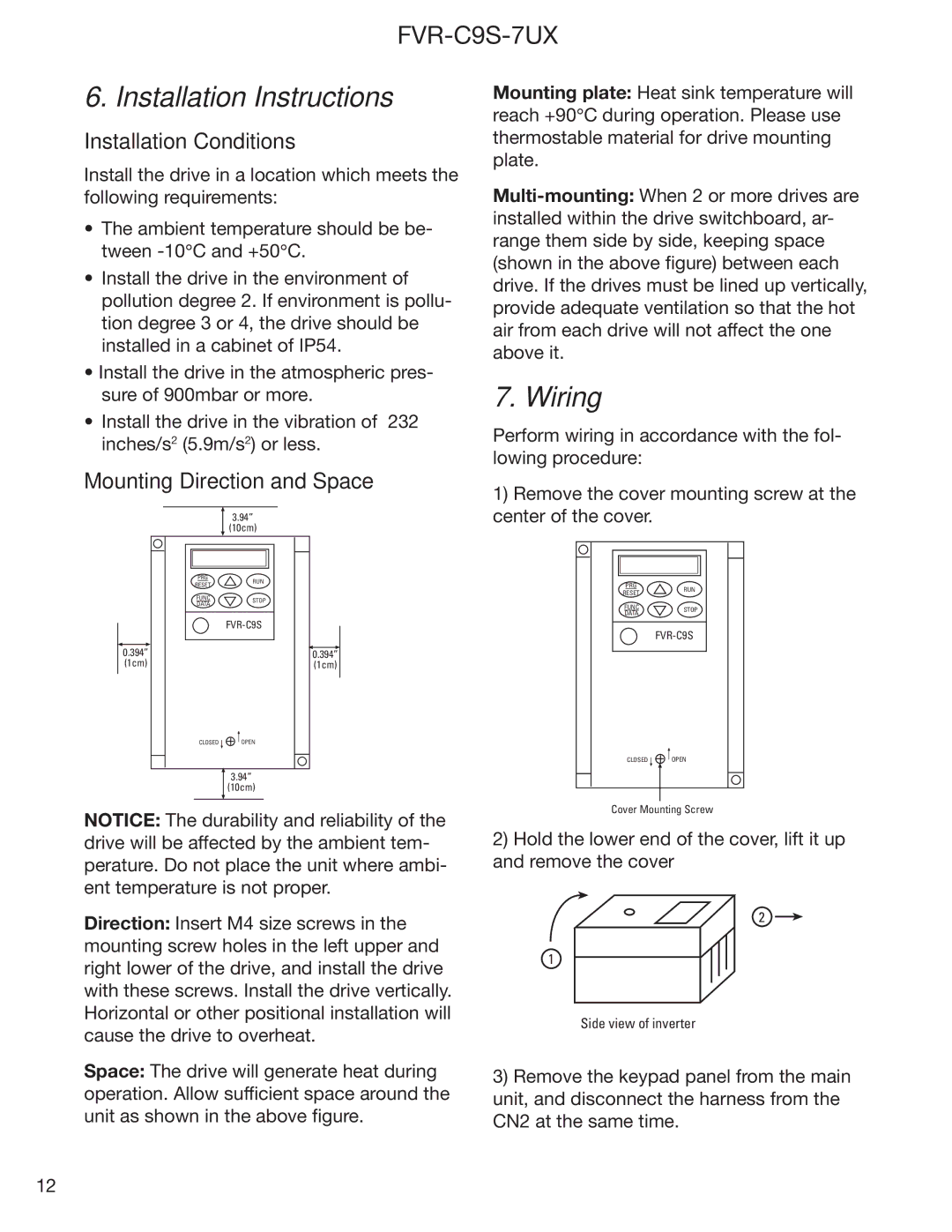 GE FVR-C9S-7UX instruction manual Installation Instructions, Wiring, Installation Conditions, Mounting Direction and Space 