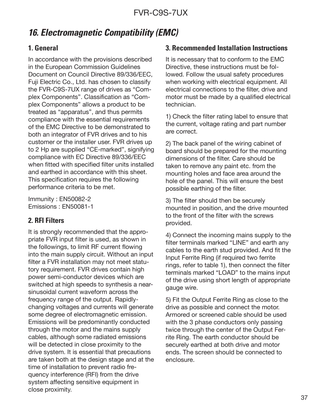 GE FVR-C9S-7UX Electromagnetic Compatibility EMC, General, RFI Filters, Recommended Installation Instructions 