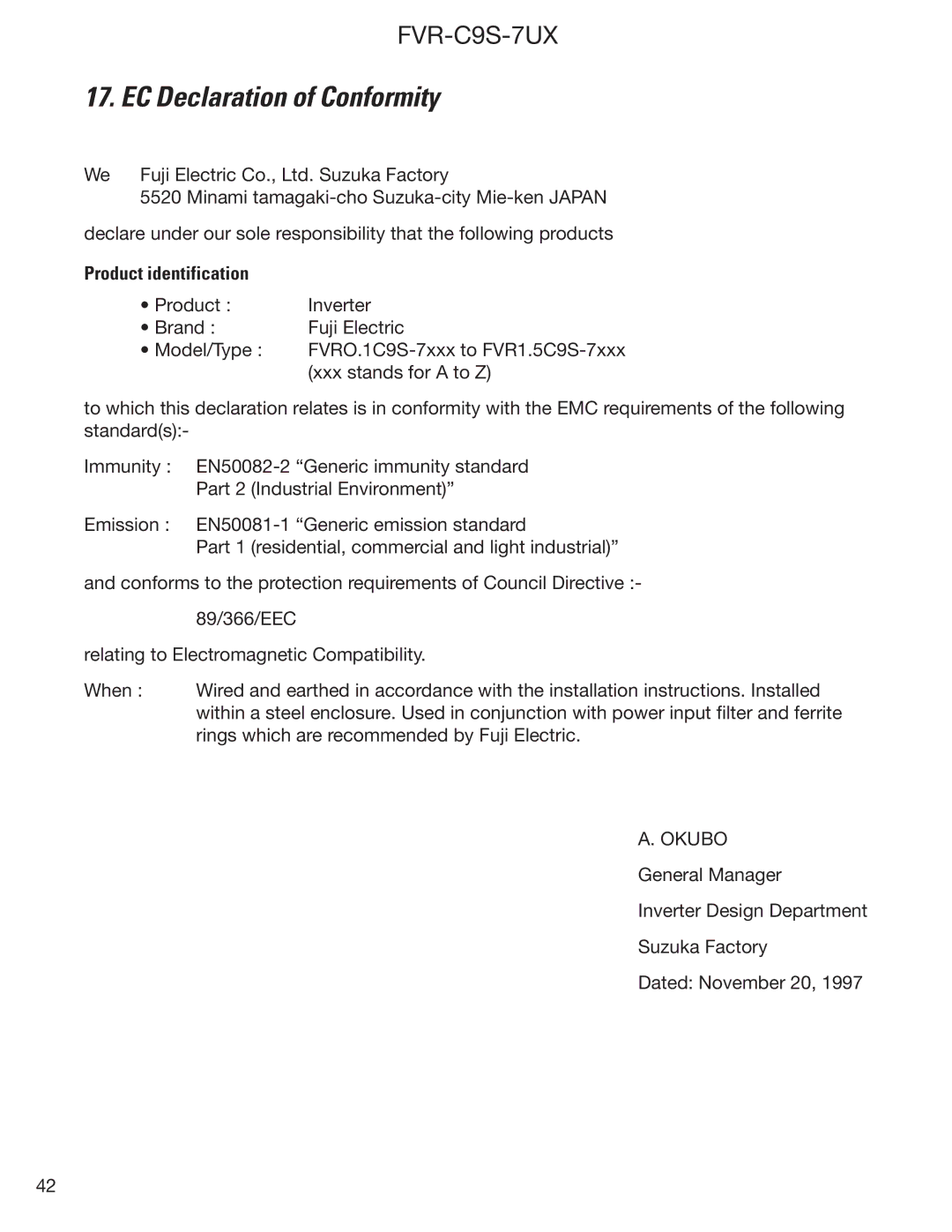 GE FVR-C9S-7UX instruction manual EC Declaration of Conformity, Product identification 