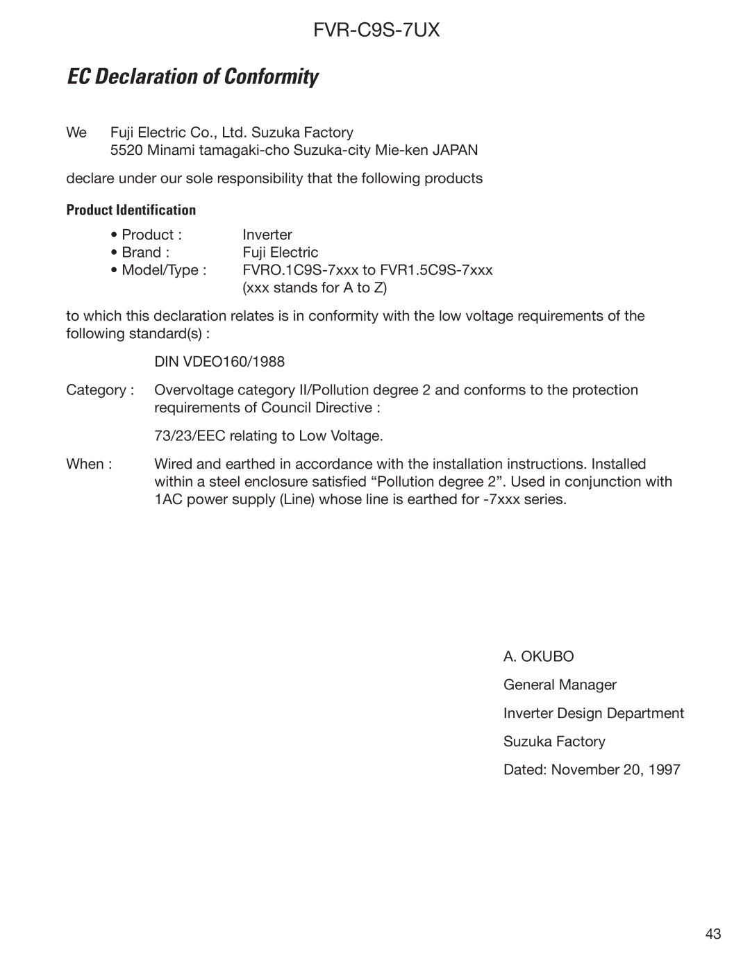 GE FVR-C9S-7UX instruction manual EC Declaration of Conformity 