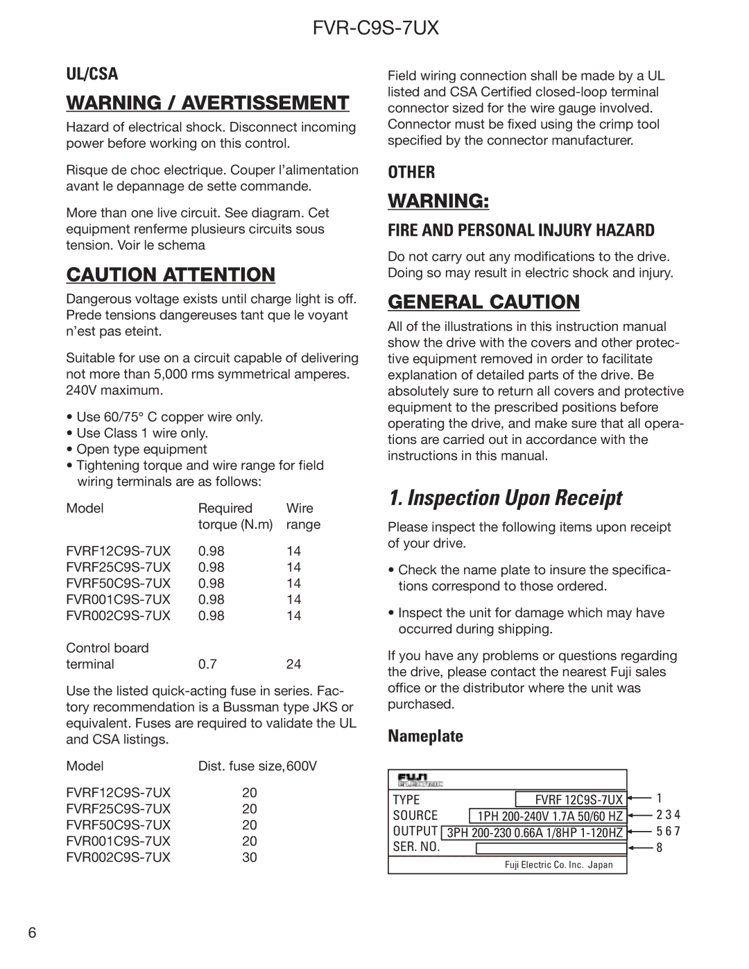 GE FVR-C9S-7UX instruction manual Inspection Upon Receipt, Nameplate 