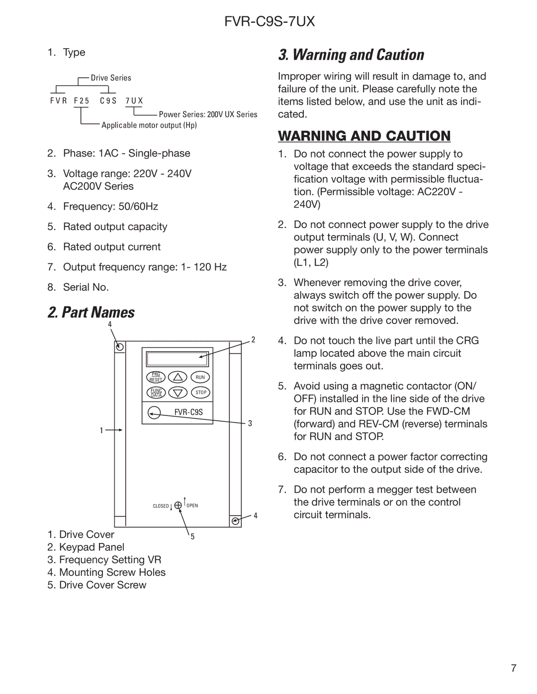 GE FVR-C9S-7UX instruction manual Part Names 