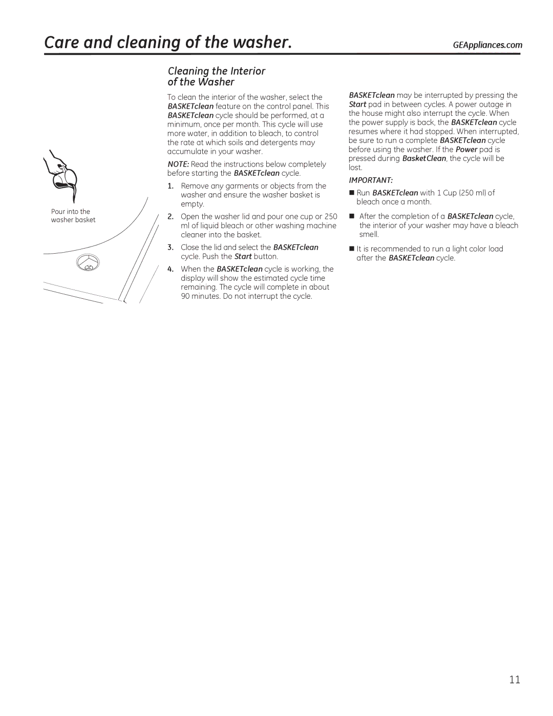 GE g006 owner manual Care and cleaning of the washer, Cleaning the Interior Washer 