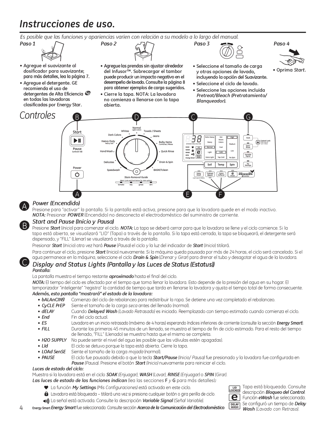 GE g006 owner manual Controles, Paso 