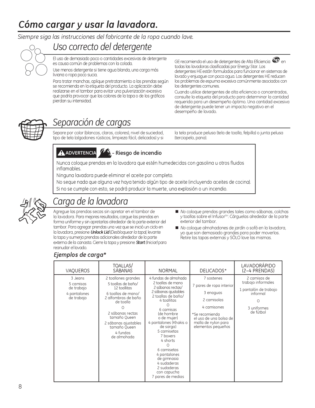 GE g006 Cómo cargar y usar la lavadora, Uso correcto del detergente, Separación de cargas, Carga de la lavadora 