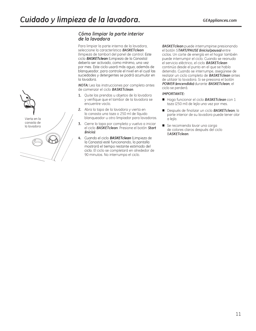 GE g006 owner manual Cuidado y limpieza de la lavadora, Cómo limpiar la parte interior de la lavadora 