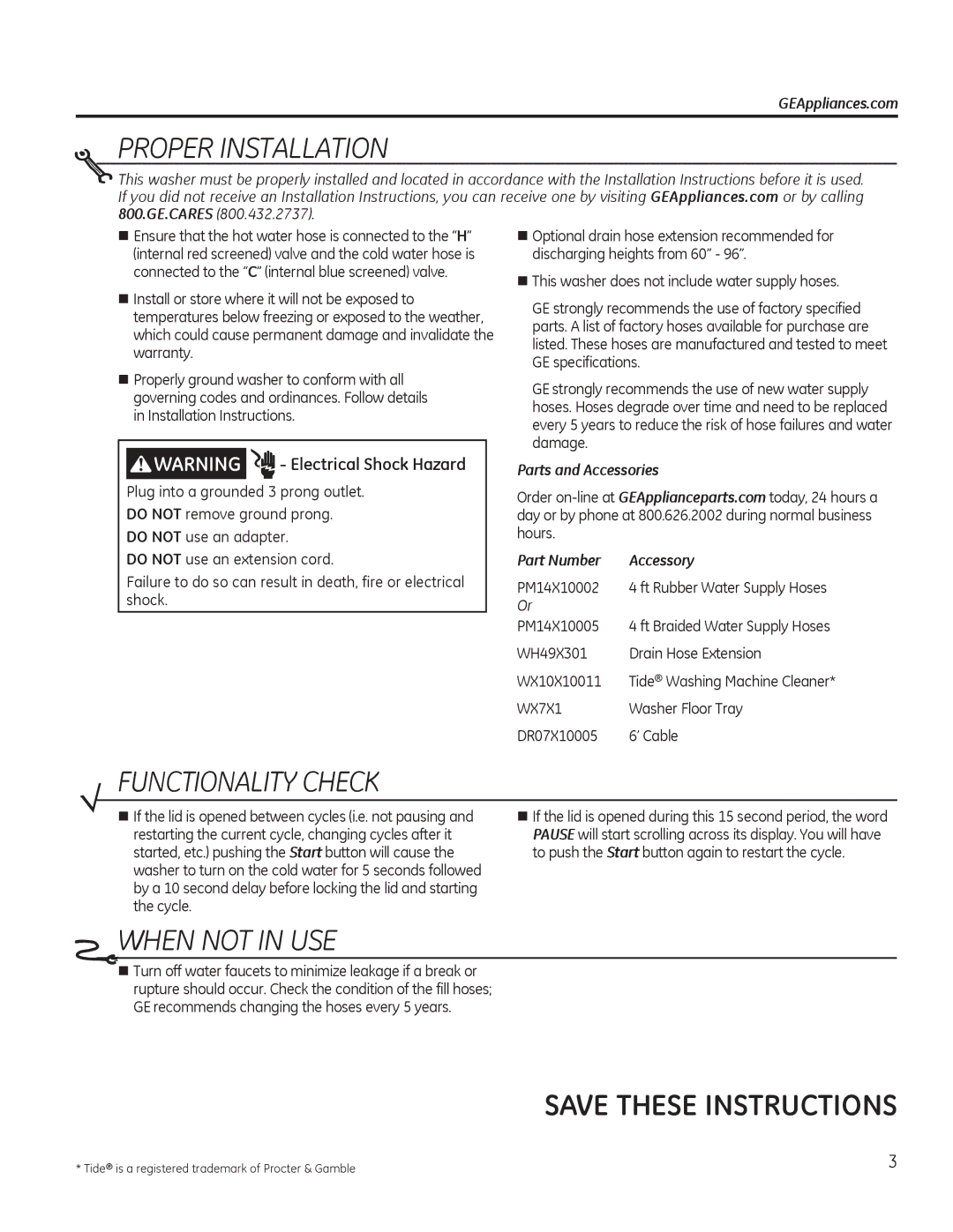 GE g006 owner manual GEAppliances.com, Parts and Accessories Part Number Accessory 