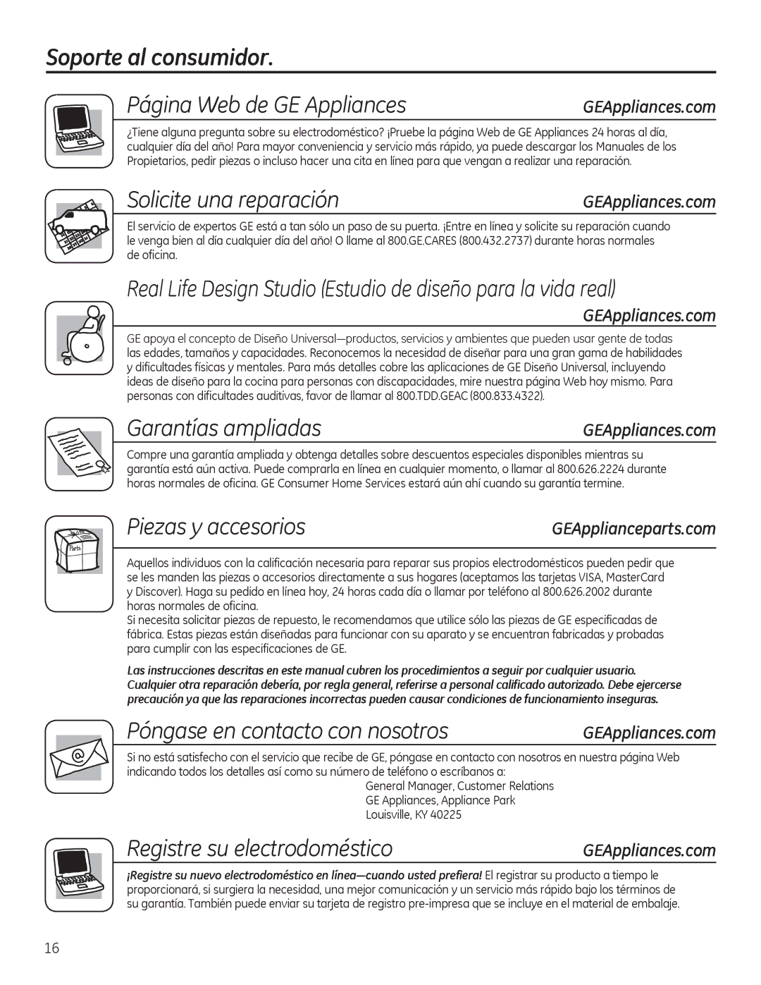 GE g006 owner manual Soporte al consumidor Página Web de GE Appliances, Solicite una reparación, Garantías ampliadas 