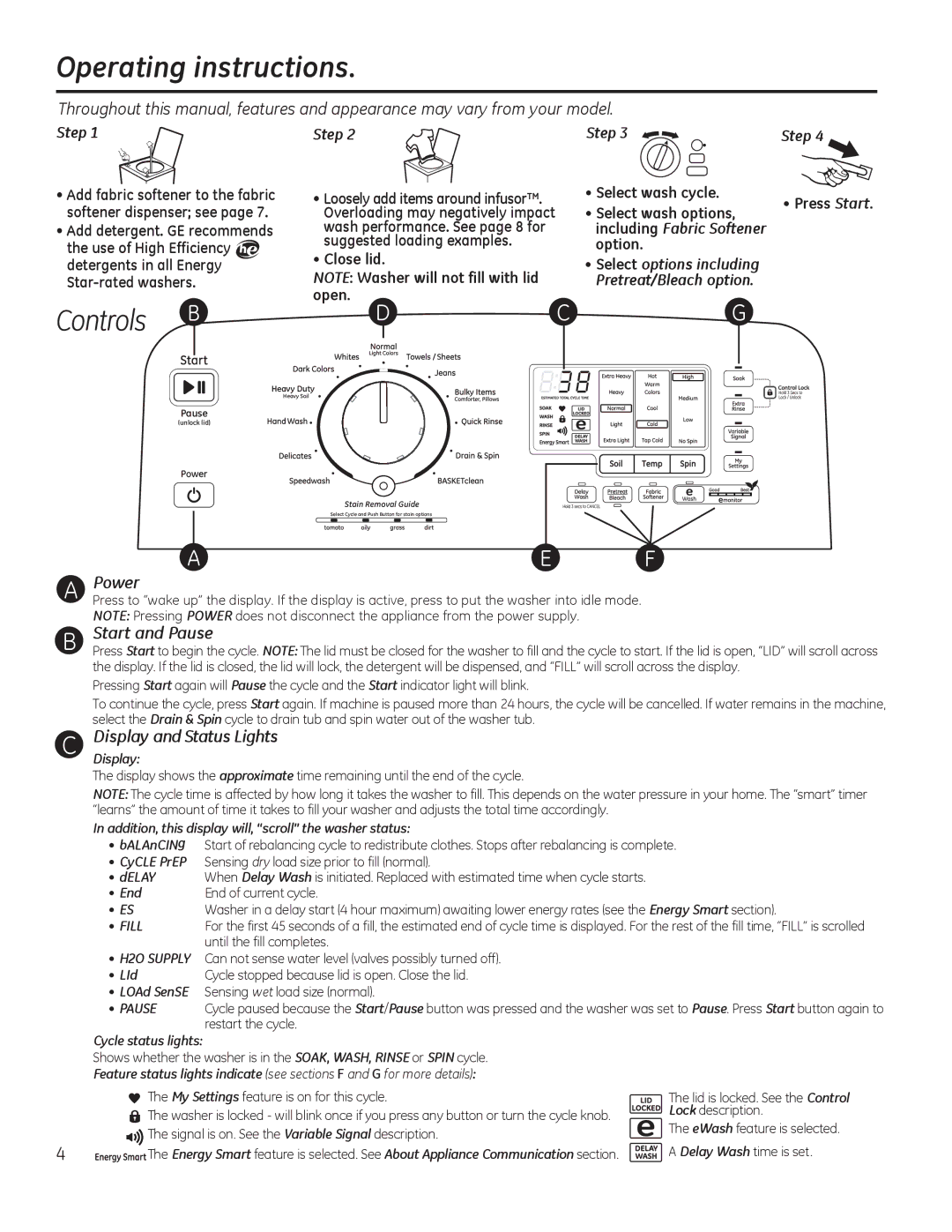 GE g006 owner manual Operating instructions, Controls B, Power, Start and Pause, Display and Status Lights 