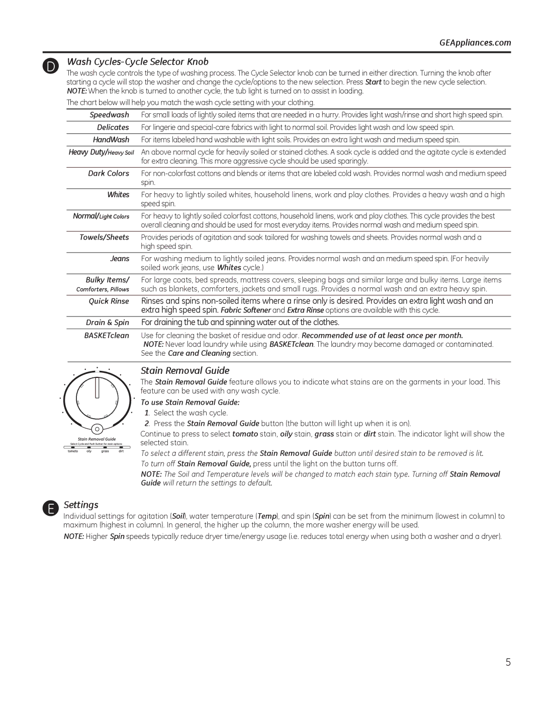 GE g006 owner manual Wash Cycles-Cycle Selector Knob, Stain Removal Guide, Settings 