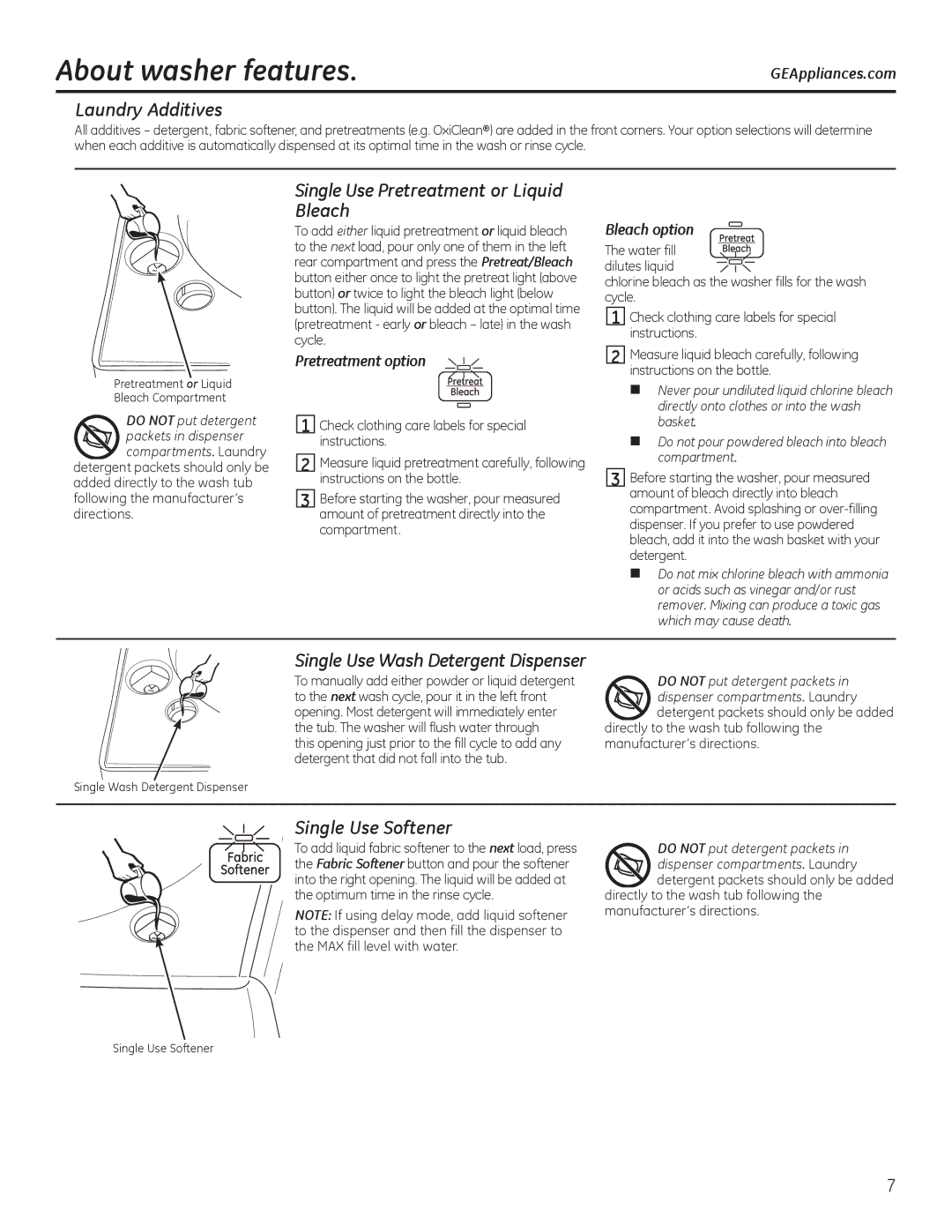 GE g006 About washer features, Laundry Additives, Single Use Pretreatment or Liquid Bleach, Single Use Softener 