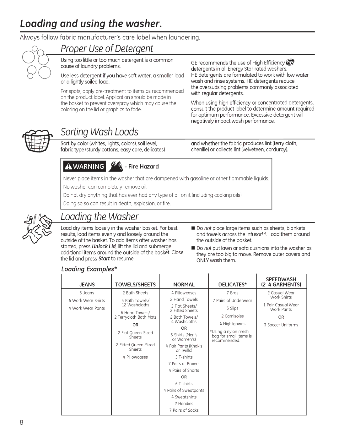 GE g006 Loading and using the washer, Proper Use of Detergent, Sorting Wash Loads, Loading the Washer, Loading Examples 
