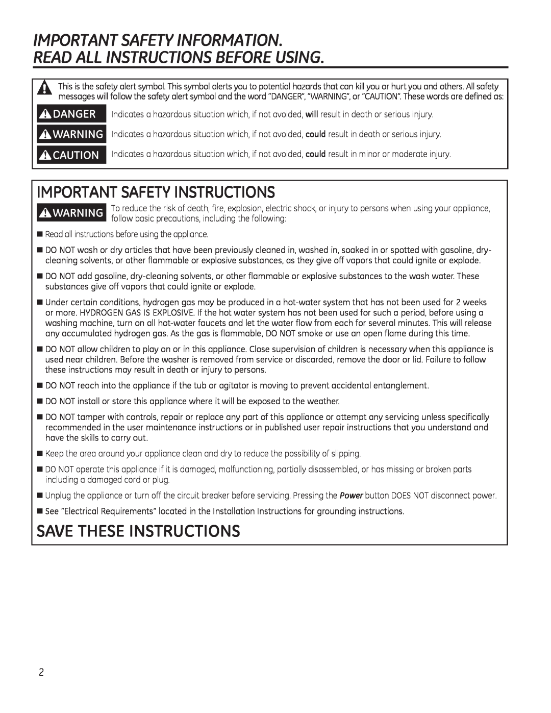GE g006 Important Safety Information, Read All Instructions Before Using, Important Safety Instructions, Danger 