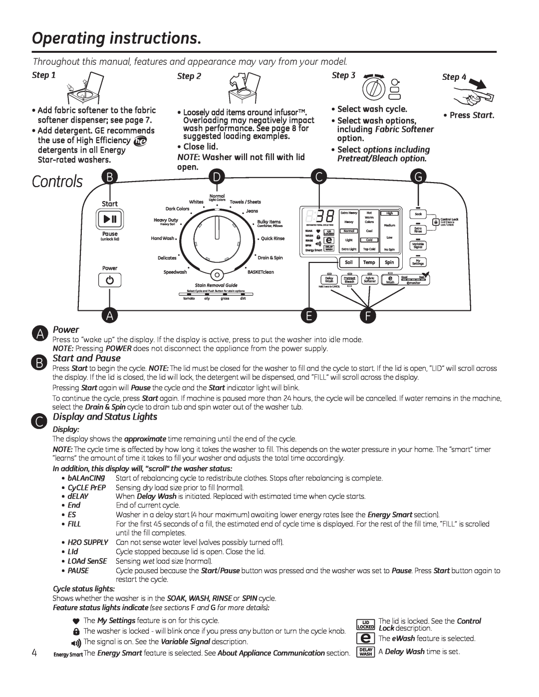 GE g006 owner manual Operating instructions, Controls B, A B C, Power, Start and Pause, Display and Status Lights, Ae F 