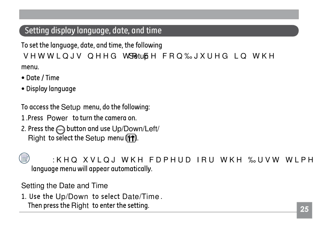 GE E1040, G1, E1240, A830, E1030 manual Setting display language, date, and time, Setting the Date and Time 