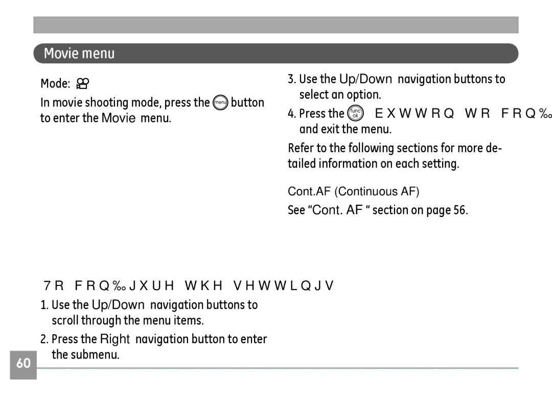 GE E1040, G1, E1240, A830, E1030 manual Movie menu, See Cont. AF section on 