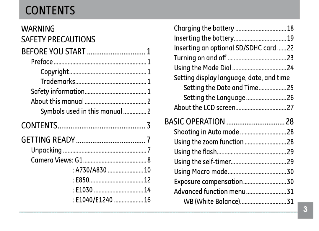 GE A830, G1, E1240, E1030, E1040 manual Contents 