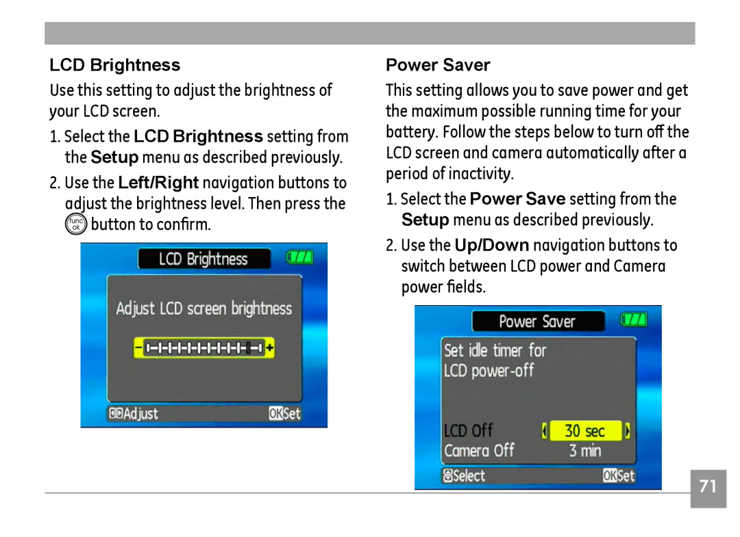 GE G1, E1240, A830, E1030, E1040 manual LCD Brightness, Button to confirm, Power Saver 