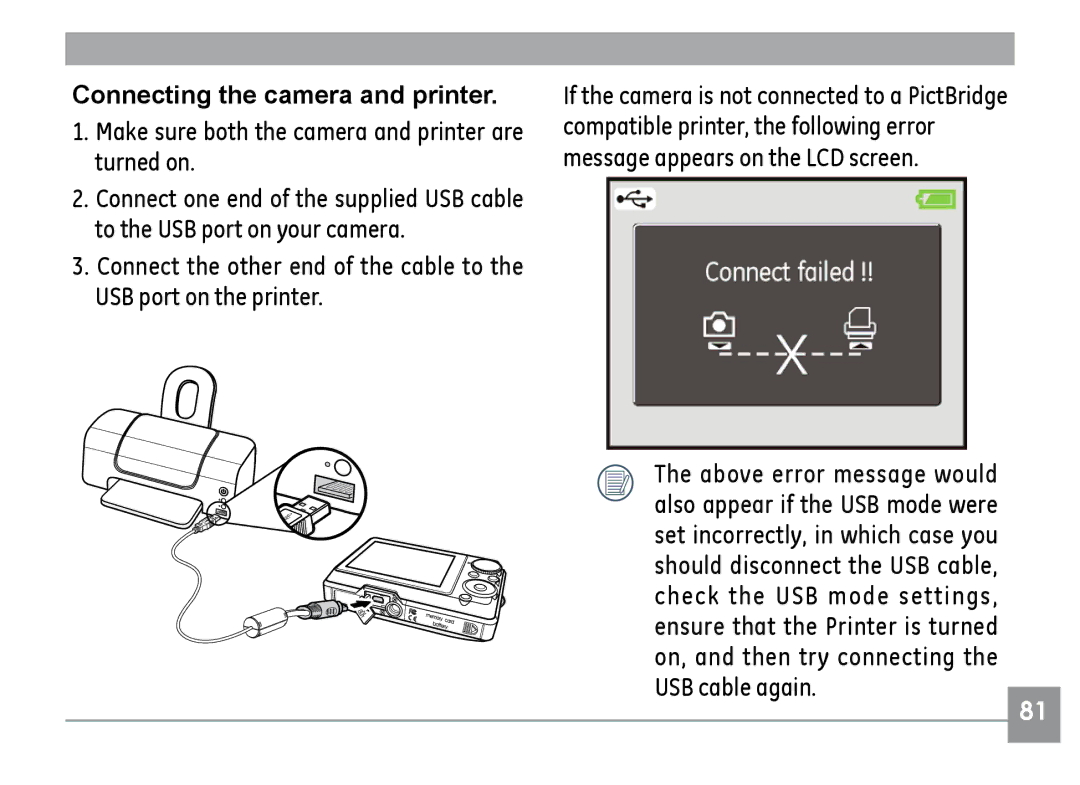 GE G1, E1240, A830, E1030, E1040 manual Connecting the camera and printer 