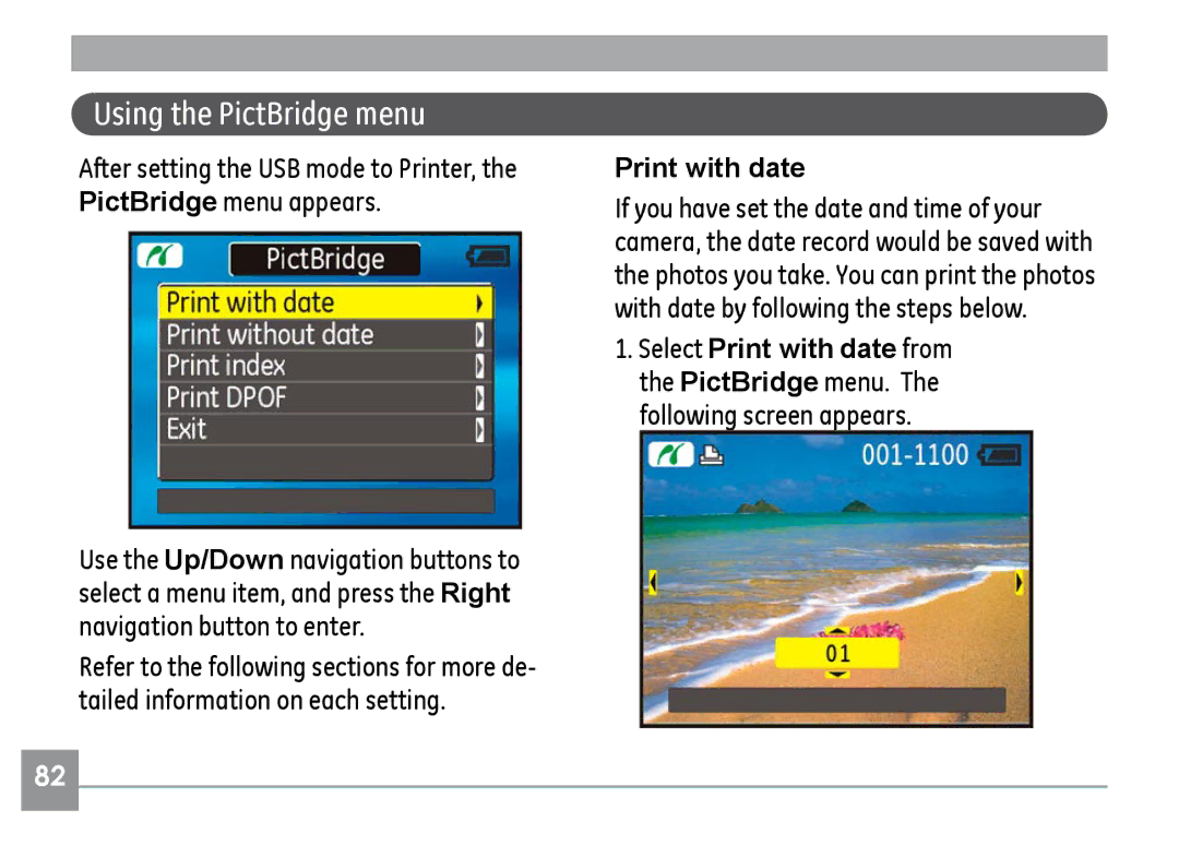 GE E1240, G1, A830, E1030, E1040 manual Using the PictBridge menu, Print with date 