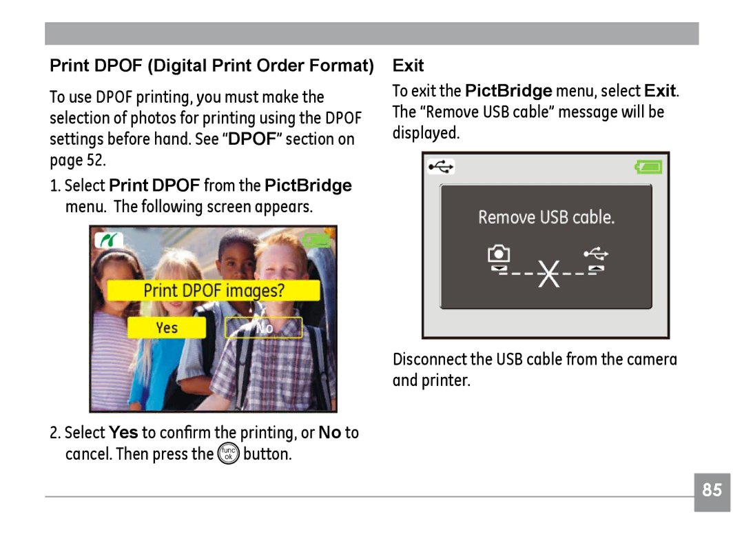 GE E1040, G1, E1240, A830, E1030 manual Print Dpof Digital Print Order Format, Exit 