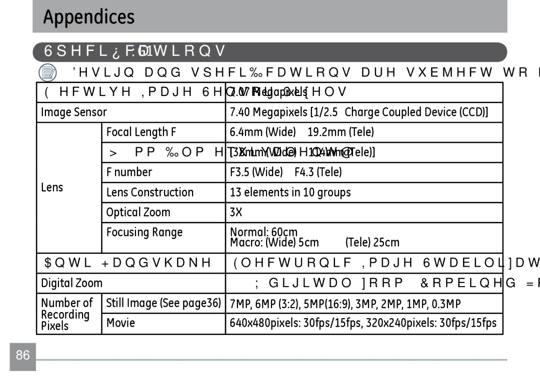 GE E1240, A830, E1030, E1040 manual Specifications G1 