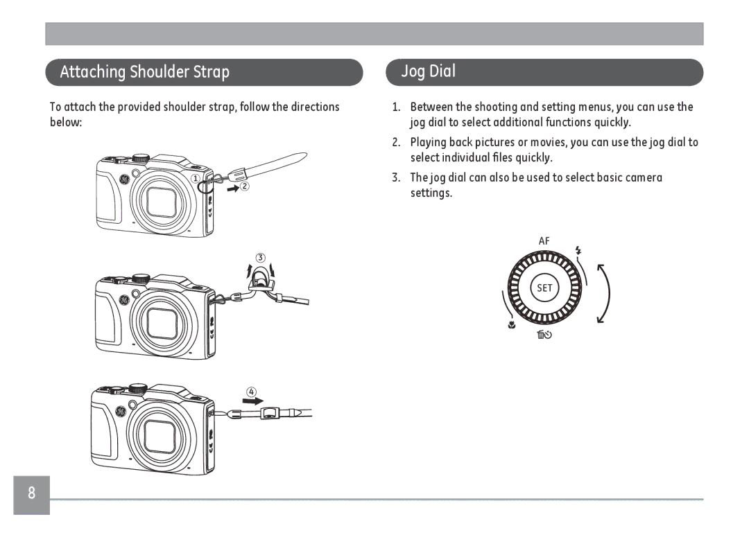 GE G100-WH, G100-BK, G100-RD user manual Attaching Shoulder Strap, Jog Dial 