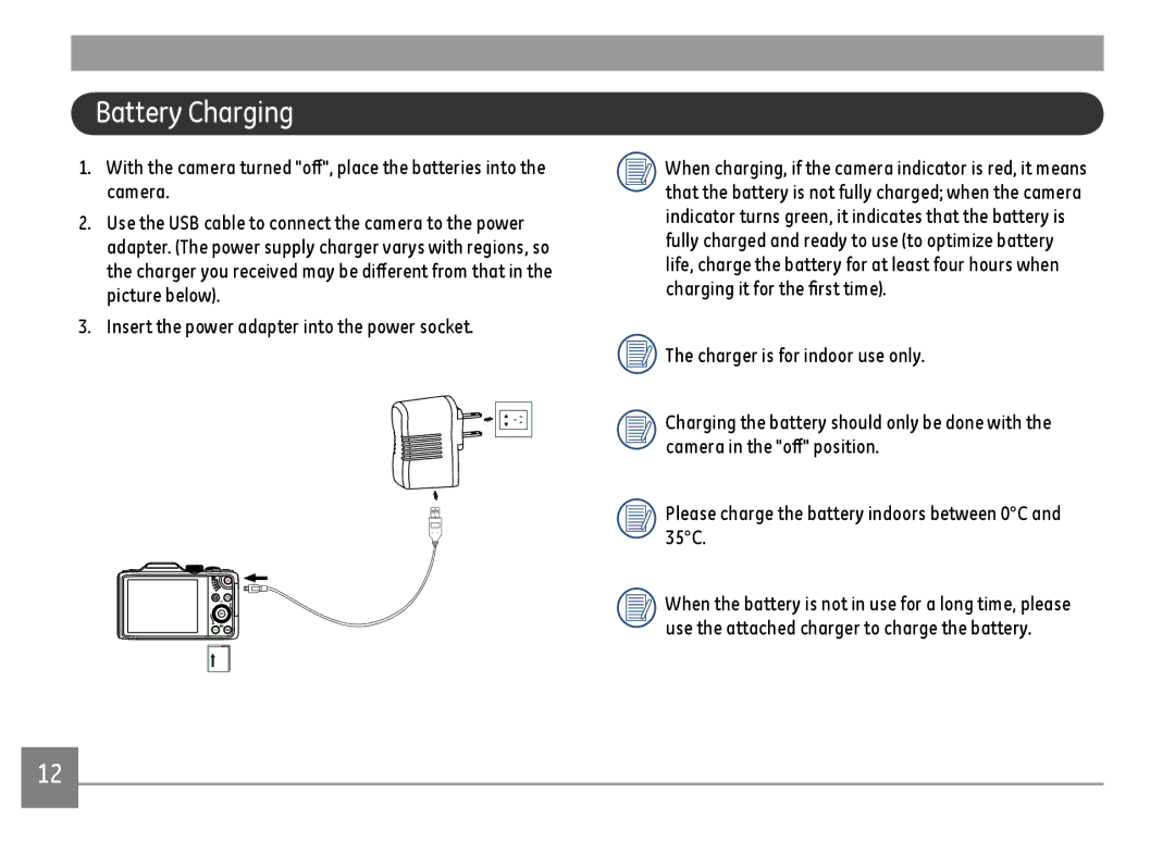 GE G100-BK, G100-RD, G100-WH user manual Battery Charging 