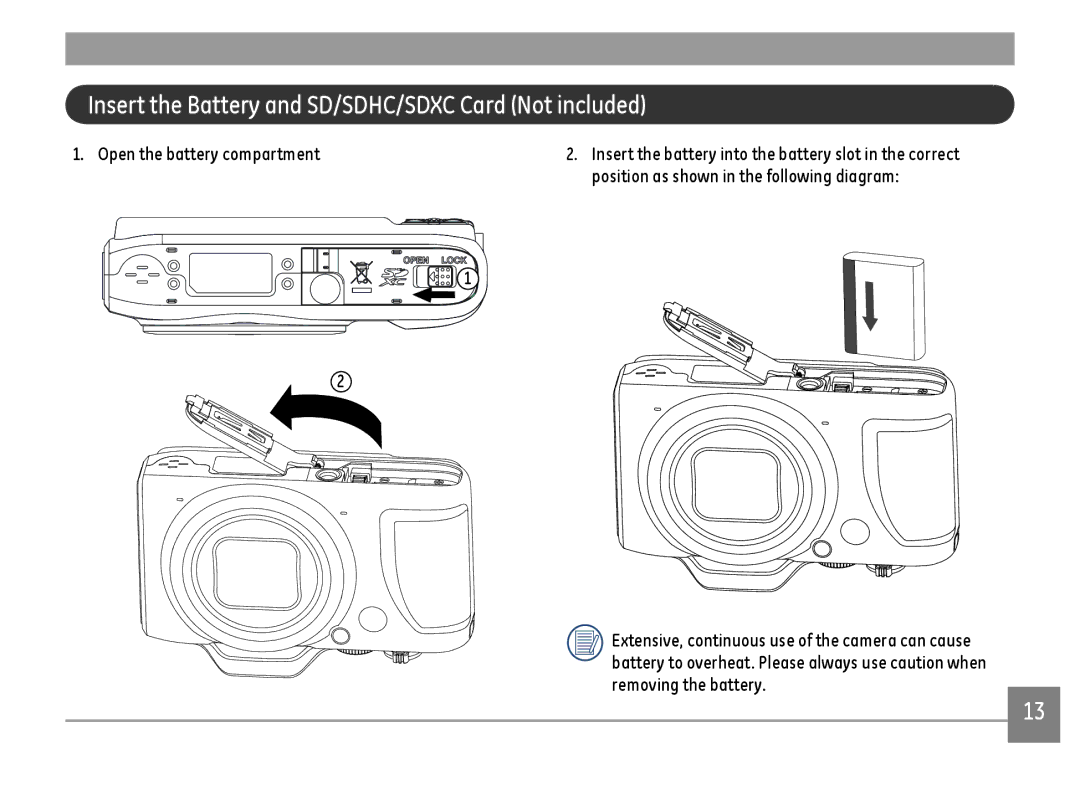 GE G100-RD Insert the Battery and SD/SDHC/SDXC Card Not included, Insert the battery into the battery slot in the correct 