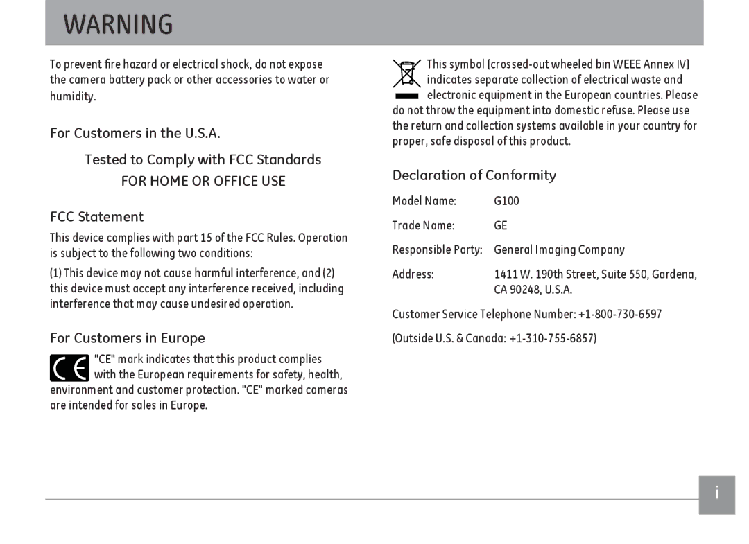 GE G100-WH, G100-BK, G100-RD user manual FCC Statement, For Customers in Europe, Declaration of Conformity 