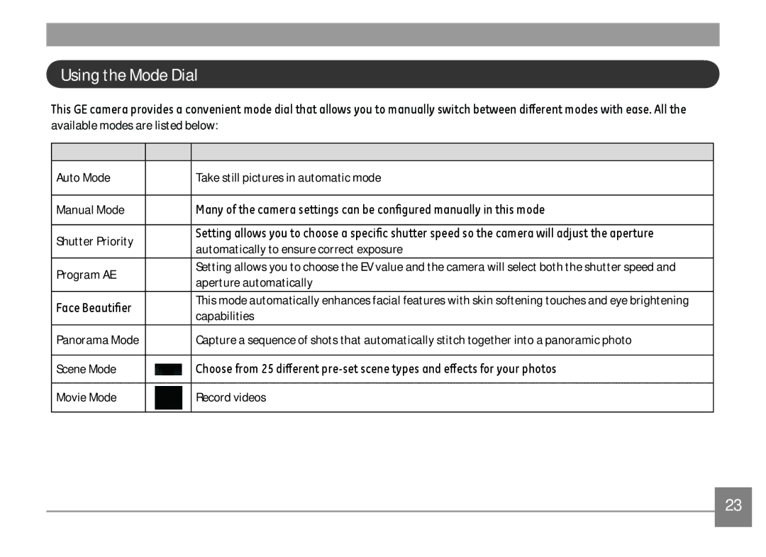 GE G100-WH, G100-BK Using the Mode Dial, Automatically to ensure correct exposure, Aperture automatically, Capabilities 