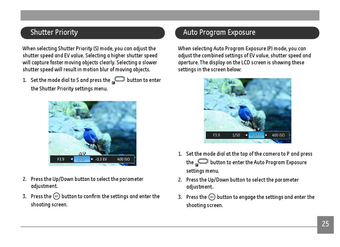 GE G100-RD, G100-BK, G100-WH user manual Shutter Priority, Auto Program Exposure 