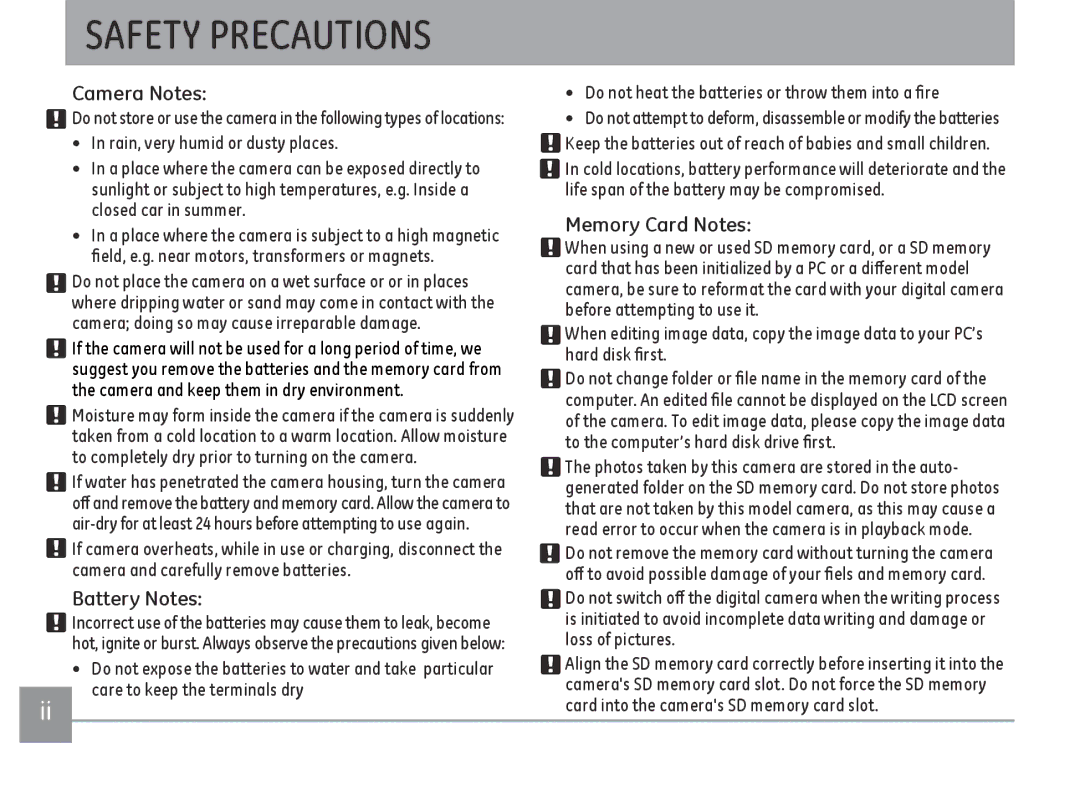 GE G100-BK, G100-RD Safety Precautions, Camera Notes, Battery Notes, Memory Card Notes, Rain, very humid or dusty places 