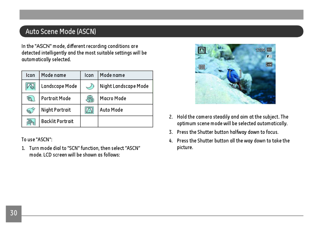 GE G100-BK, G100-RD, G100-WH user manual Auto Scene Mode Ascn 