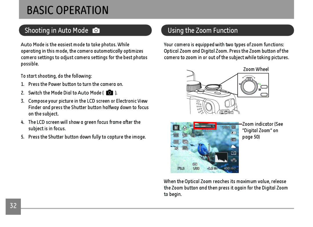 GE G100-WH, G100-BK, G100-RD user manual Basic Operation, Using the Zoom Function 