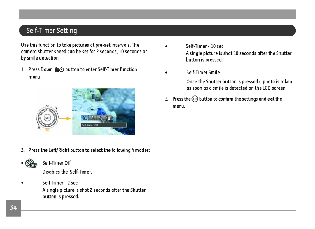 GE G100-RD, G100-BK, G100-WH user manual Self-Timer Setting 