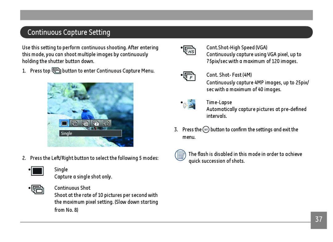 GE G100-RD, G100-BK, G100-WH user manual Continuous Capture Setting, Cont. Shot- Fast 4M 