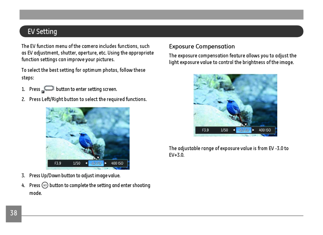 GE G100-WH, G100-BK, G100-RD user manual EV Setting, Exposure Compensation 