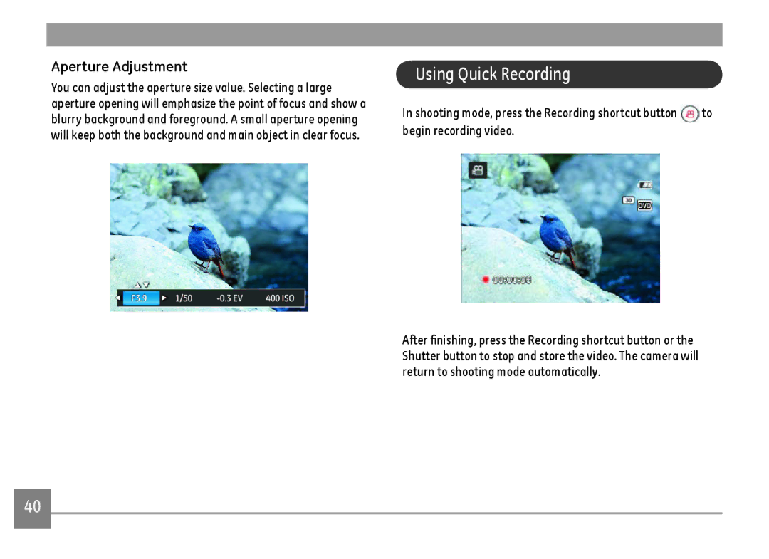 GE G100-RD, G100-BK, G100-WH user manual Using Quick Recording, Aperture Adjustment 