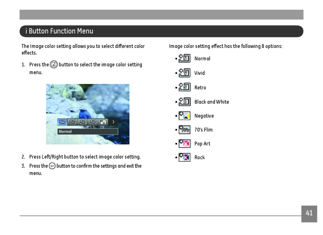 GE G100-WH, G100-BK, G100-RD user manual Button Function Menu, Pop Art Rock 