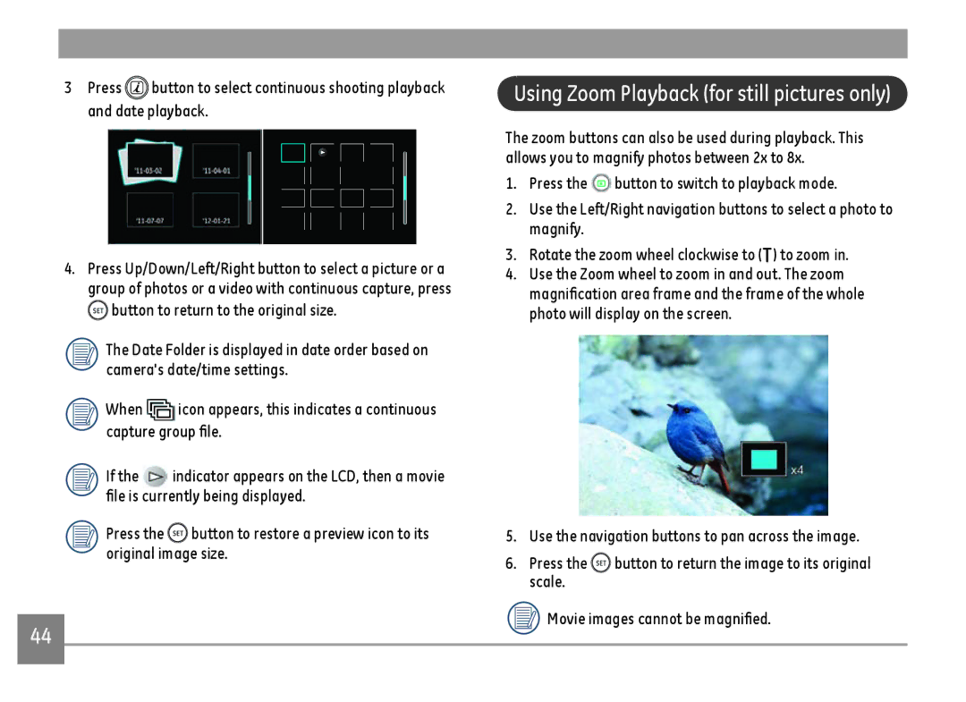 GE G100-WH, G100-BK, G100-RD user manual Using Zoom Playback for still pictures only 