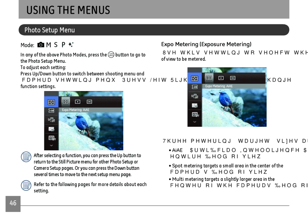 GE G100-RD, G100-BK, G100-WH user manual Using the Menus, Photo Setup Menu, Expo Metering Exposure Metering 