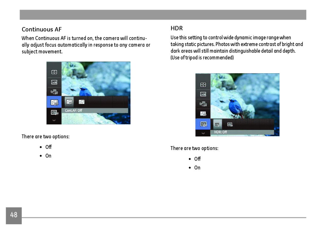 GE G100-BK, G100-RD, G100-WH user manual Continuous AF, There are two options Off 